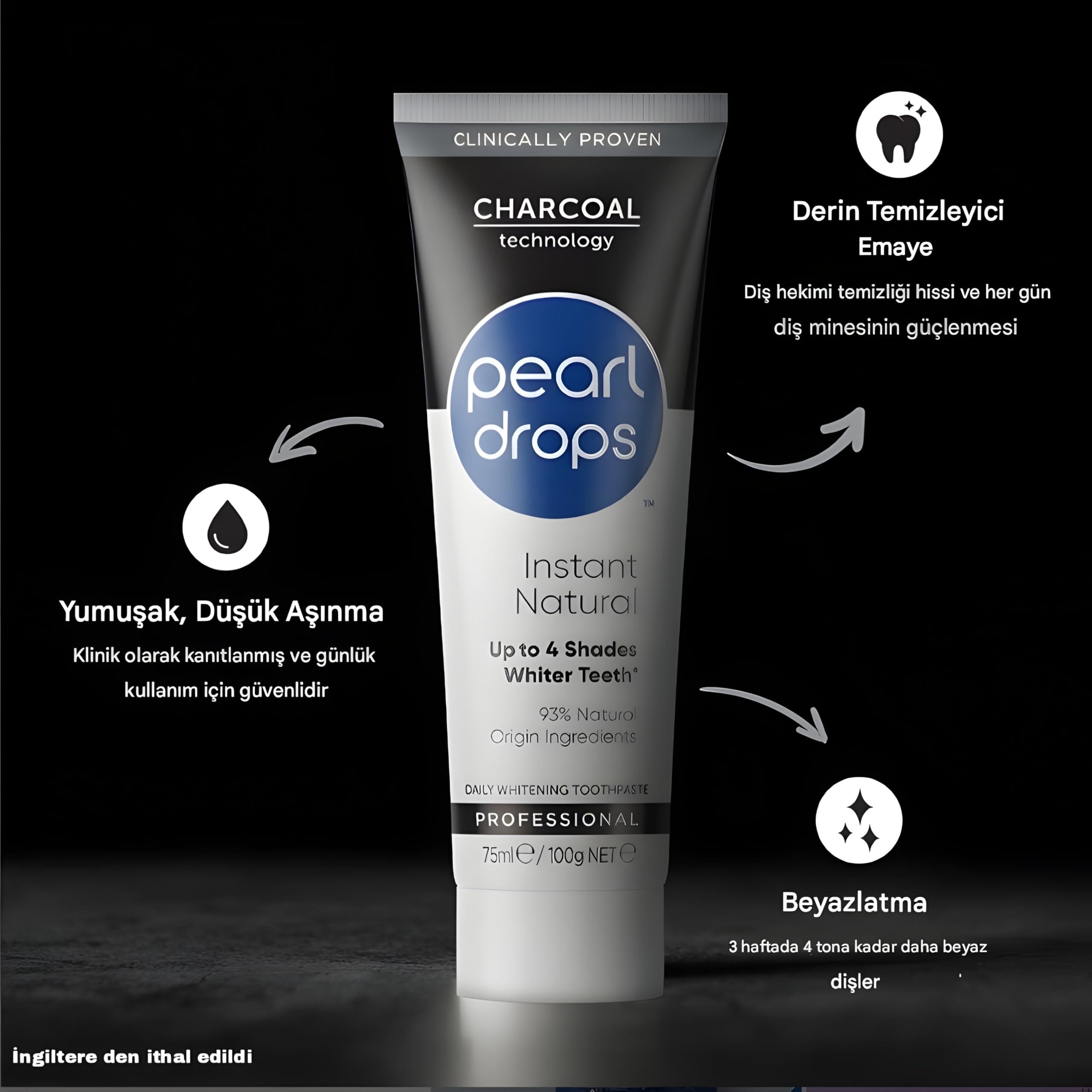 Toothbrush beside Pearl Drops activated charcoal