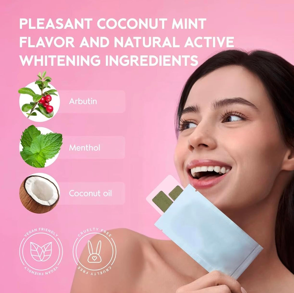 Whitening strips being applied to teeth