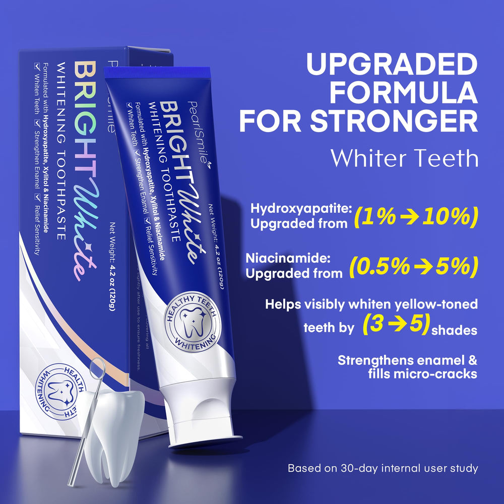 Back view of PearlSmile toothpaste tube showing fluoride-free formula and ingredient notes.