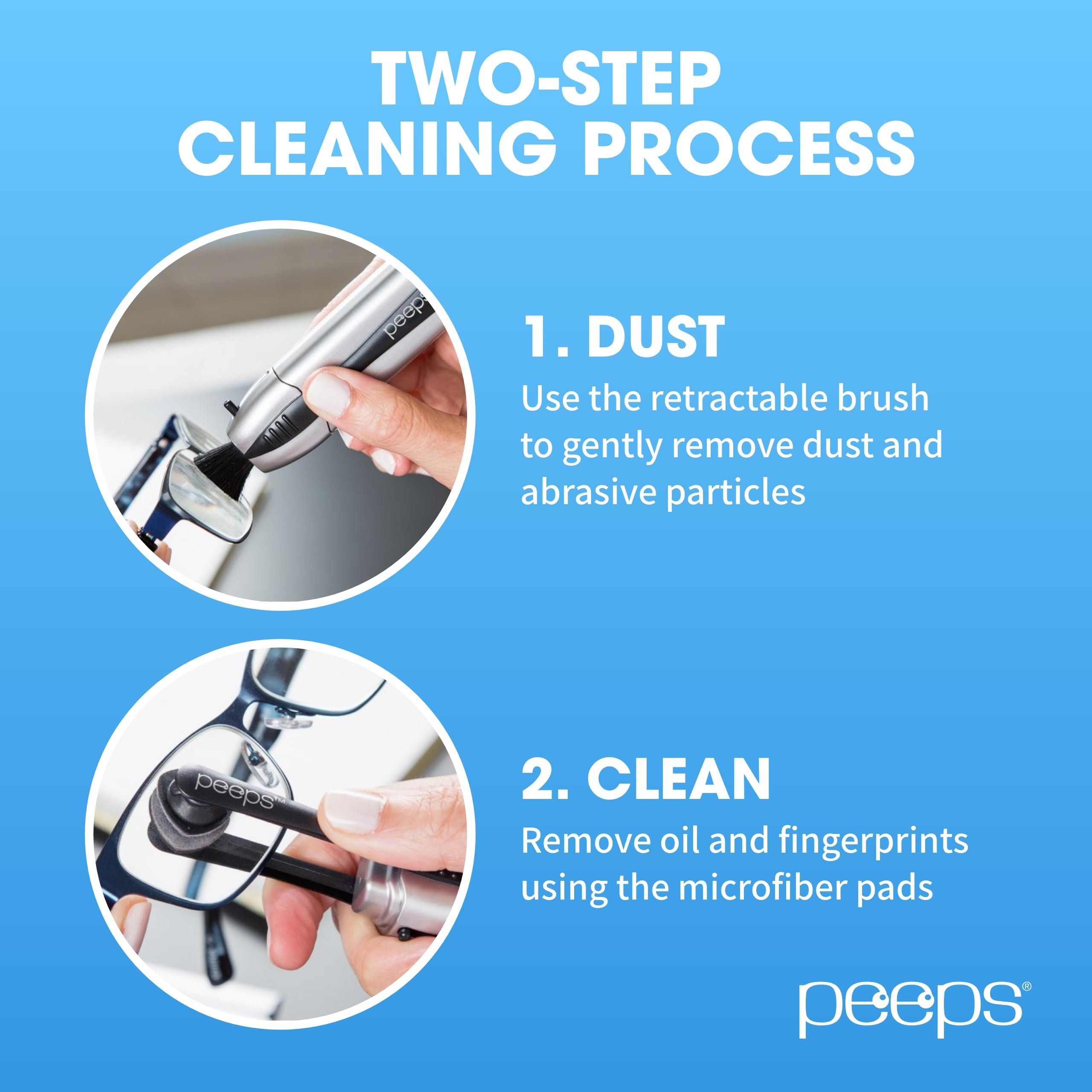 Peeps cleaner being used to wipe eyeglasses lenses