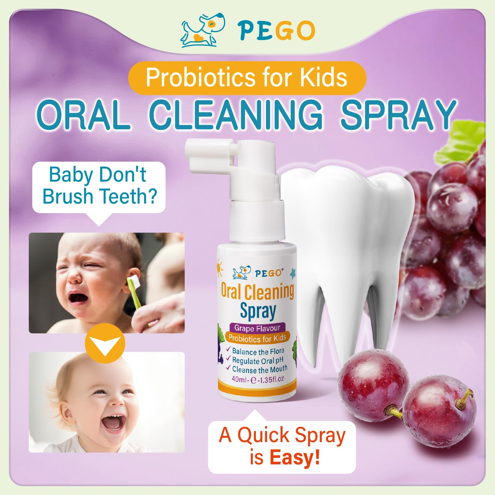 Close-up of PEGO Kids Oral Spray bottle label