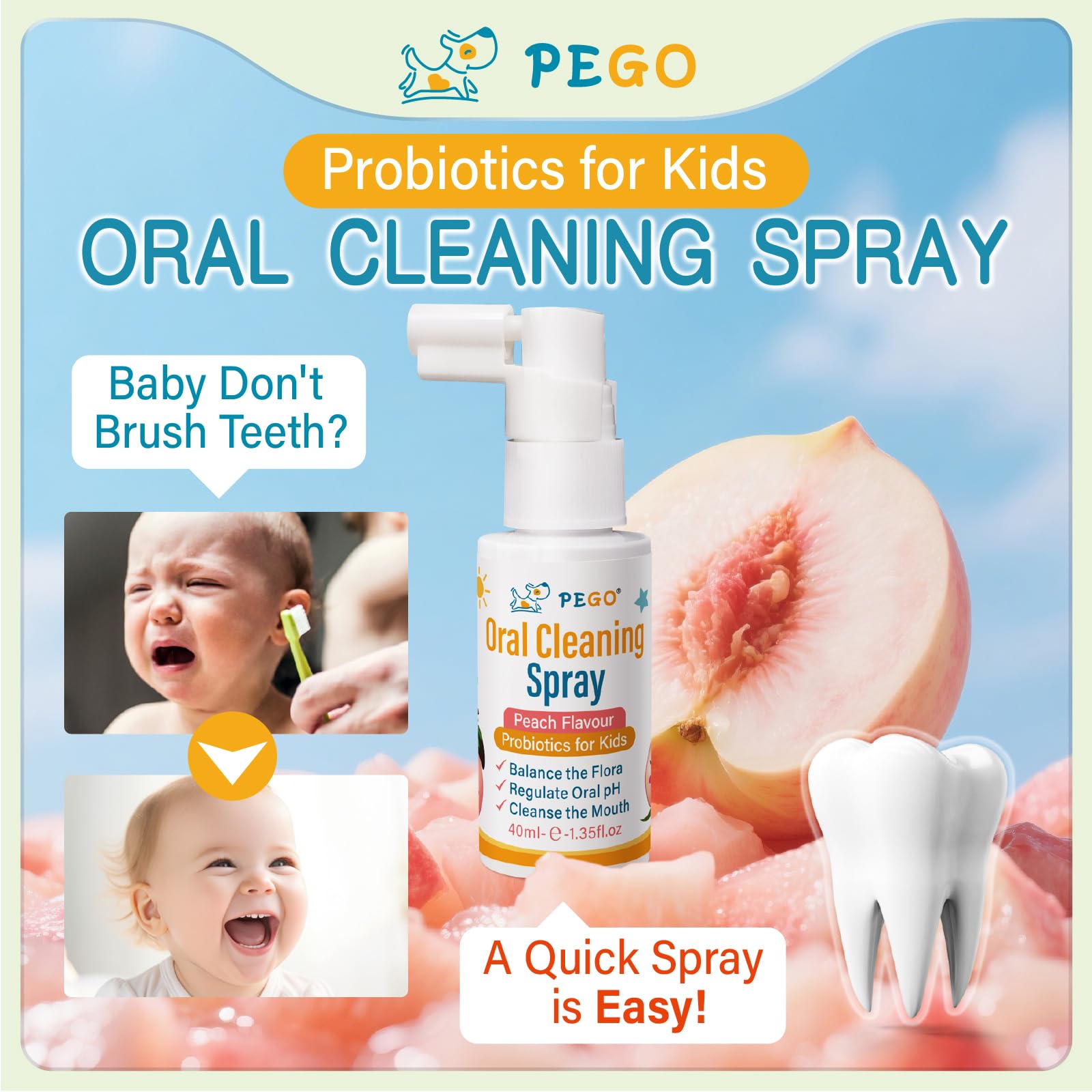 Two PEGO Kids Oral Spray bottles (40ml each) with peach flavor