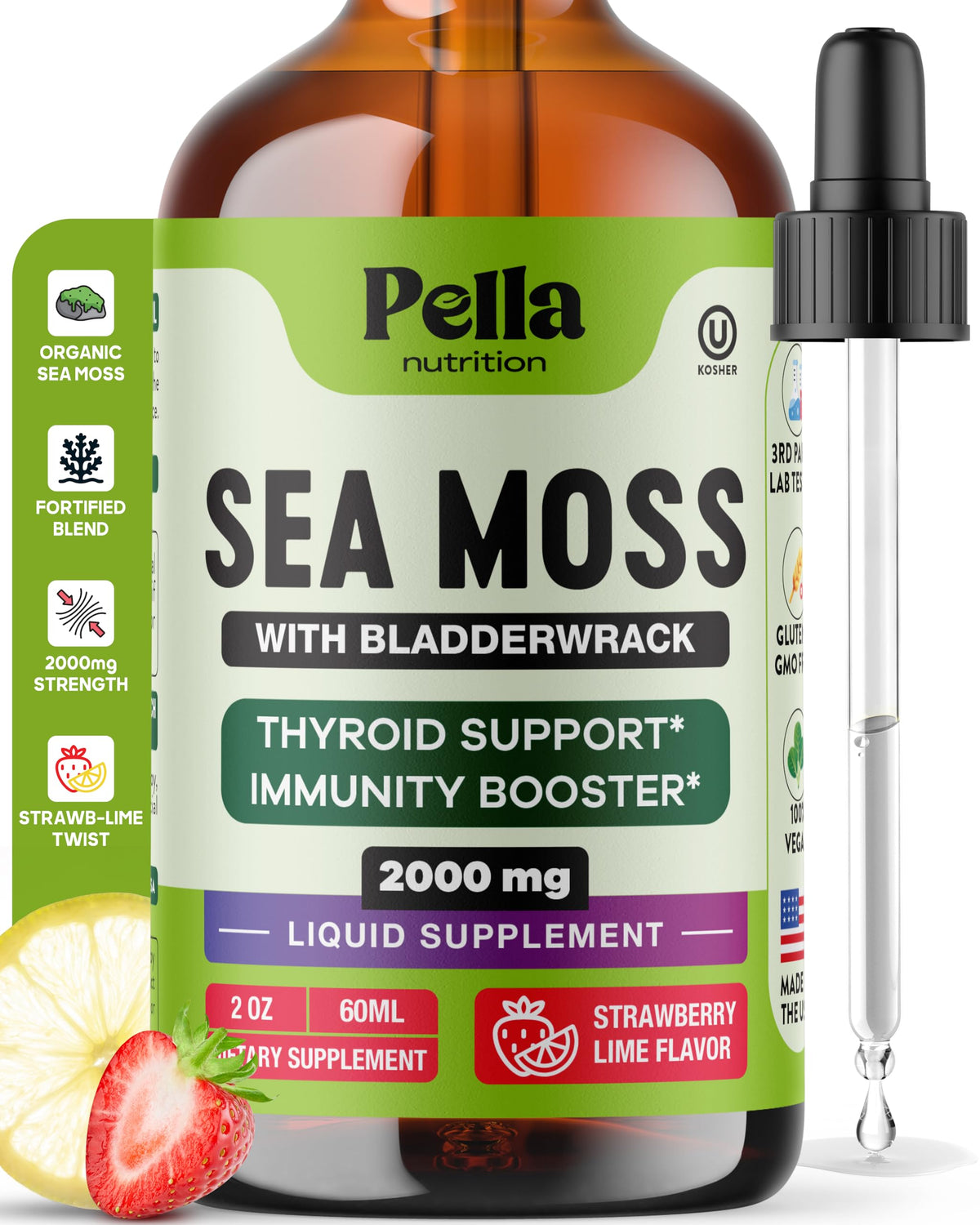 Front view of Pella Nutrition Sea Moss Drops with Bladderwrack bottle on display