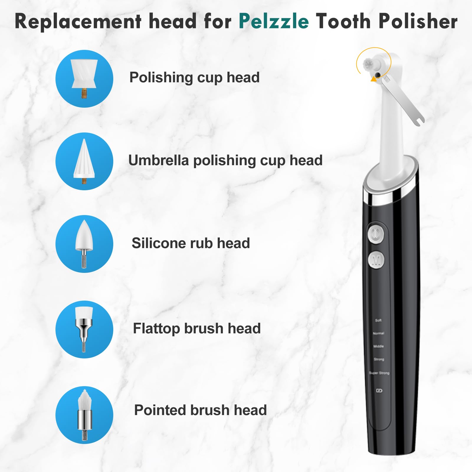 Pelzzle replacement brush head types: silicone rub head, flattop brush head, pointed brush head, polishing cup head, umbrella polishing cup head.