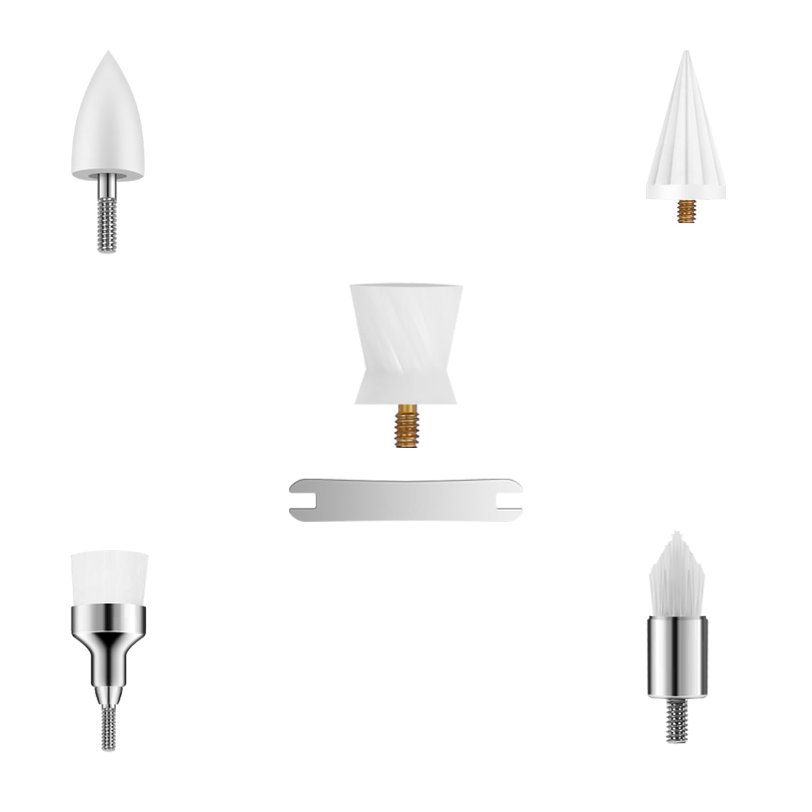 Full Pelzzle Tooth Polisher replacement heads set including silicone rub head, flattop and pointed brush heads, polishing cup heads, umbrella polishing cup head and wrench.