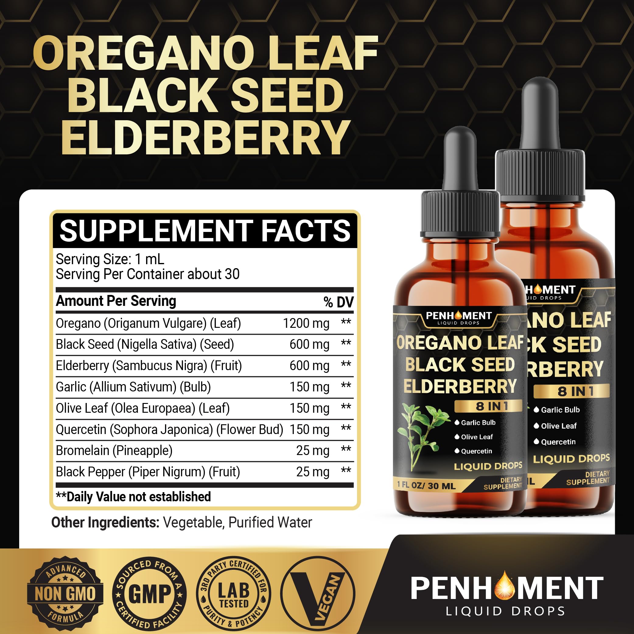 Penhoment 8in1 oregano oil drops 1oz bottle side view