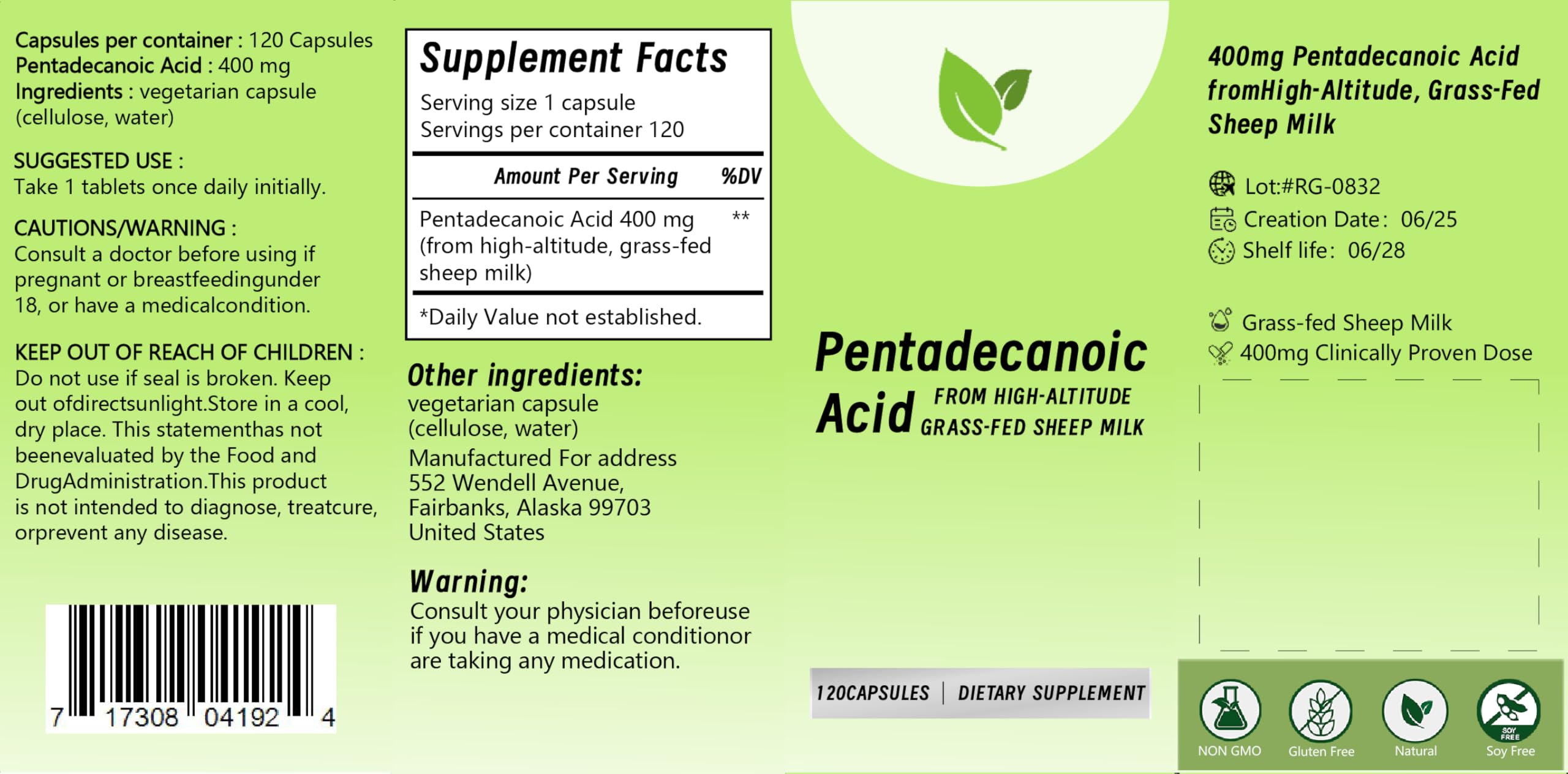 Pentieadecaflex Pentadecanoic Acid 400mg bottle back label close-up