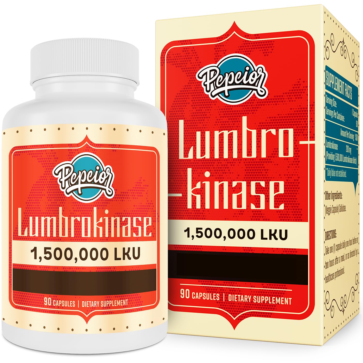 Pepeior Lumbrokinase 200mg bottle with 1.5M LKU, 90 capsules