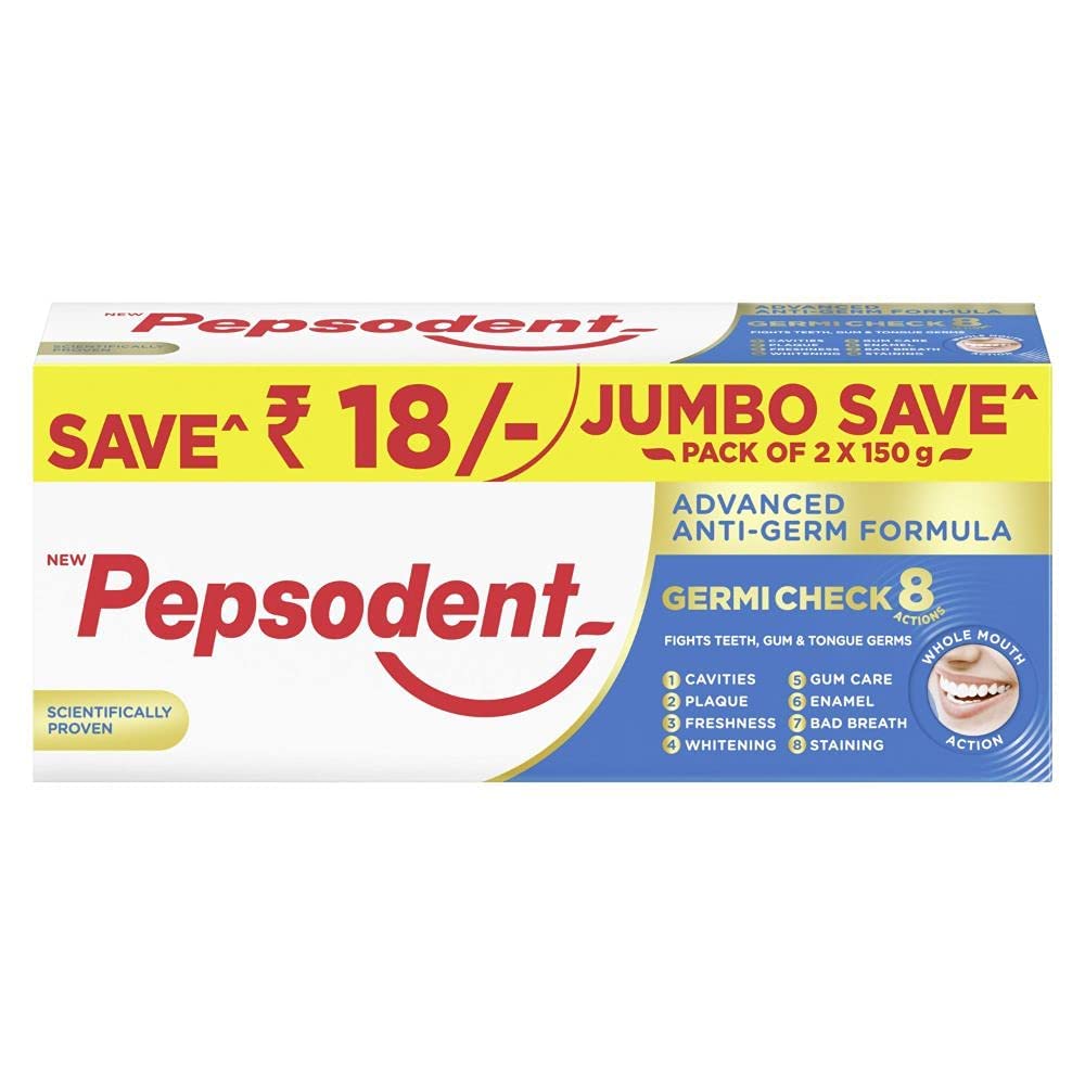 Front view of Pepsu-dent Germicheck 8 Actions Toothpaste Jumbo Pack 300g