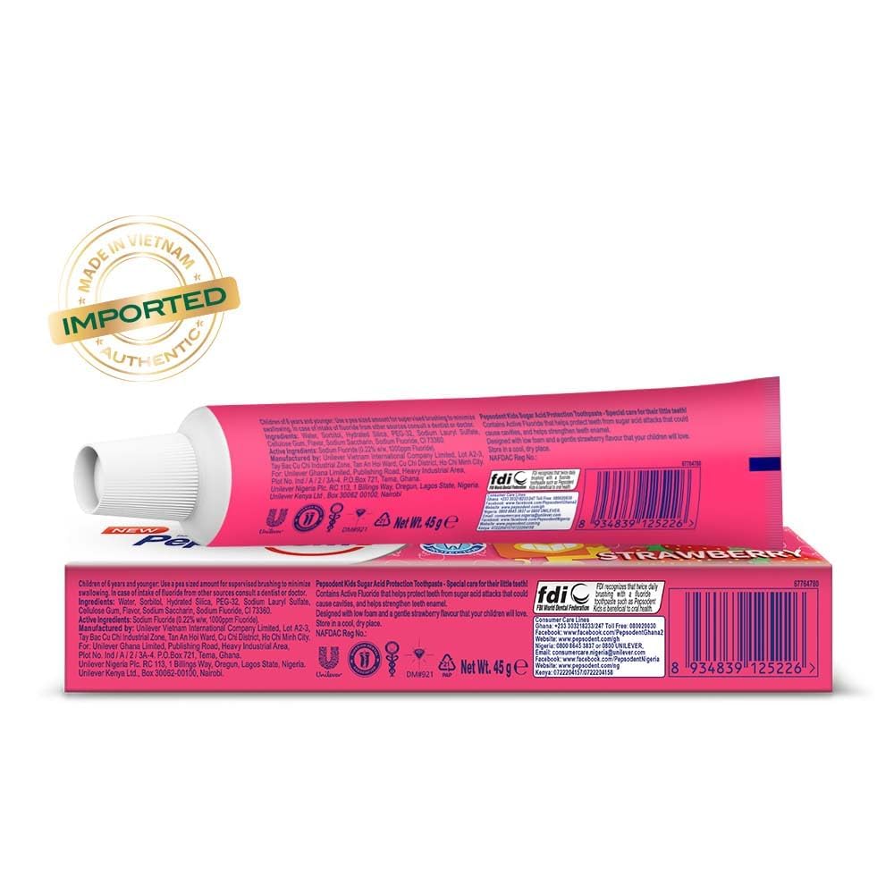 Pepsudent Kids Toothpaste tube displaying strawberry flavor and cavity protection