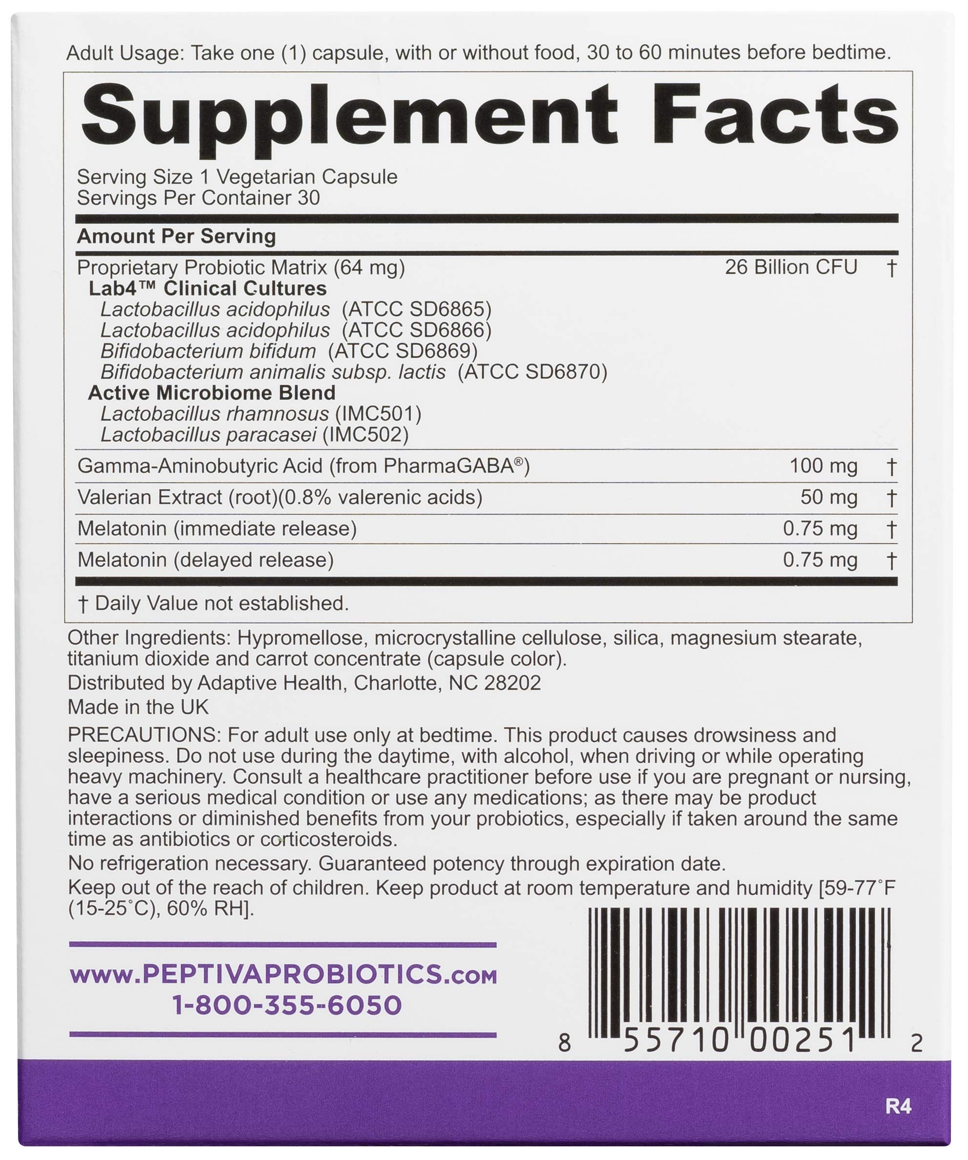 Front view of Peptiva Sleep Support probiotic bottle