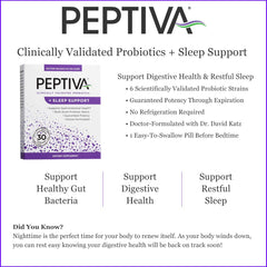 Close-up of Peptiva label highlighting multi-strain probiotic and melatonin