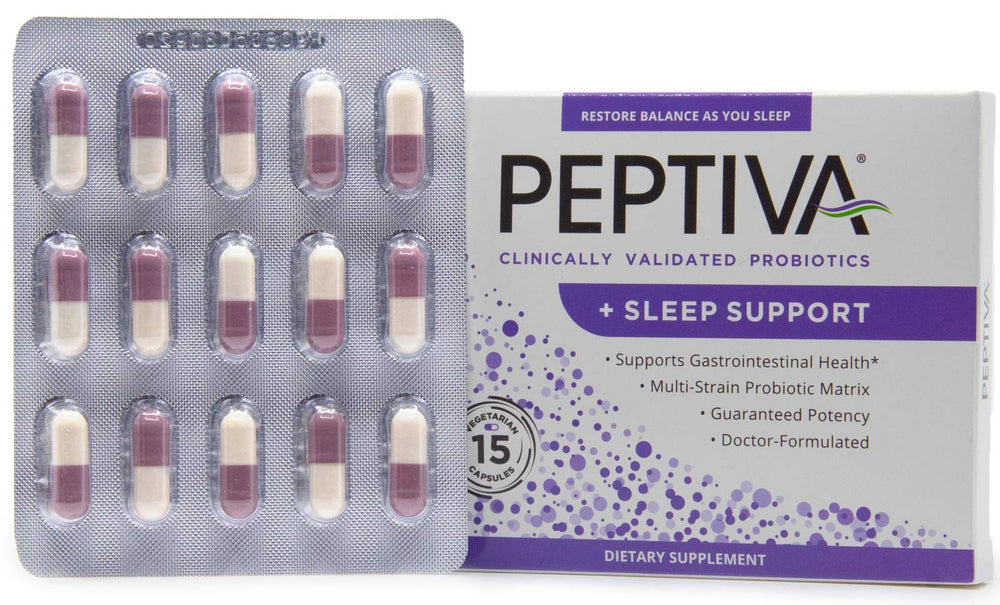 Close-up of Peptiva probiotic capsules showing multi-strain formula
