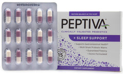 Close-up of Peptiva probiotic capsules showing multi-strain formula