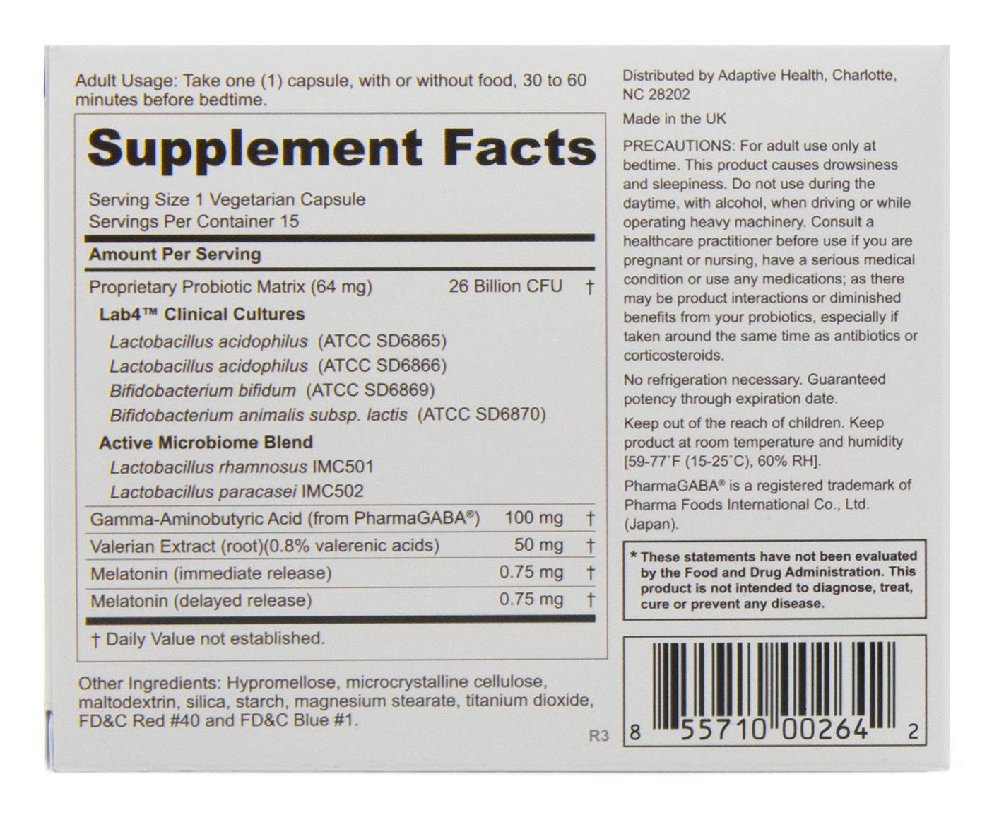 Sleep-supporting probiotic features: melatonin, PharmaGABA, valerian root; vegetarian and gluten-free