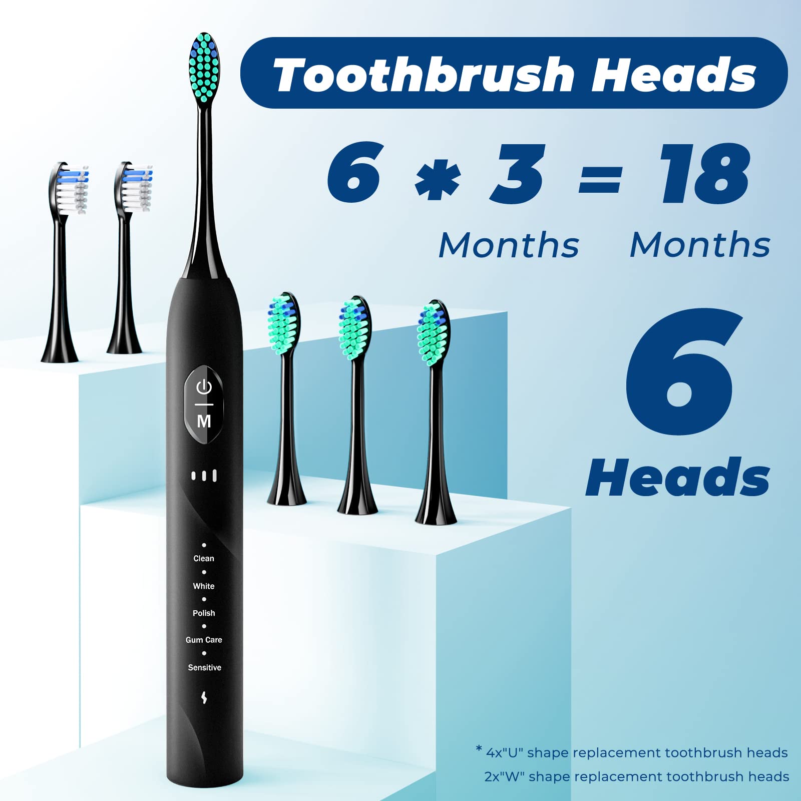 Includes 6 replacement brush heads