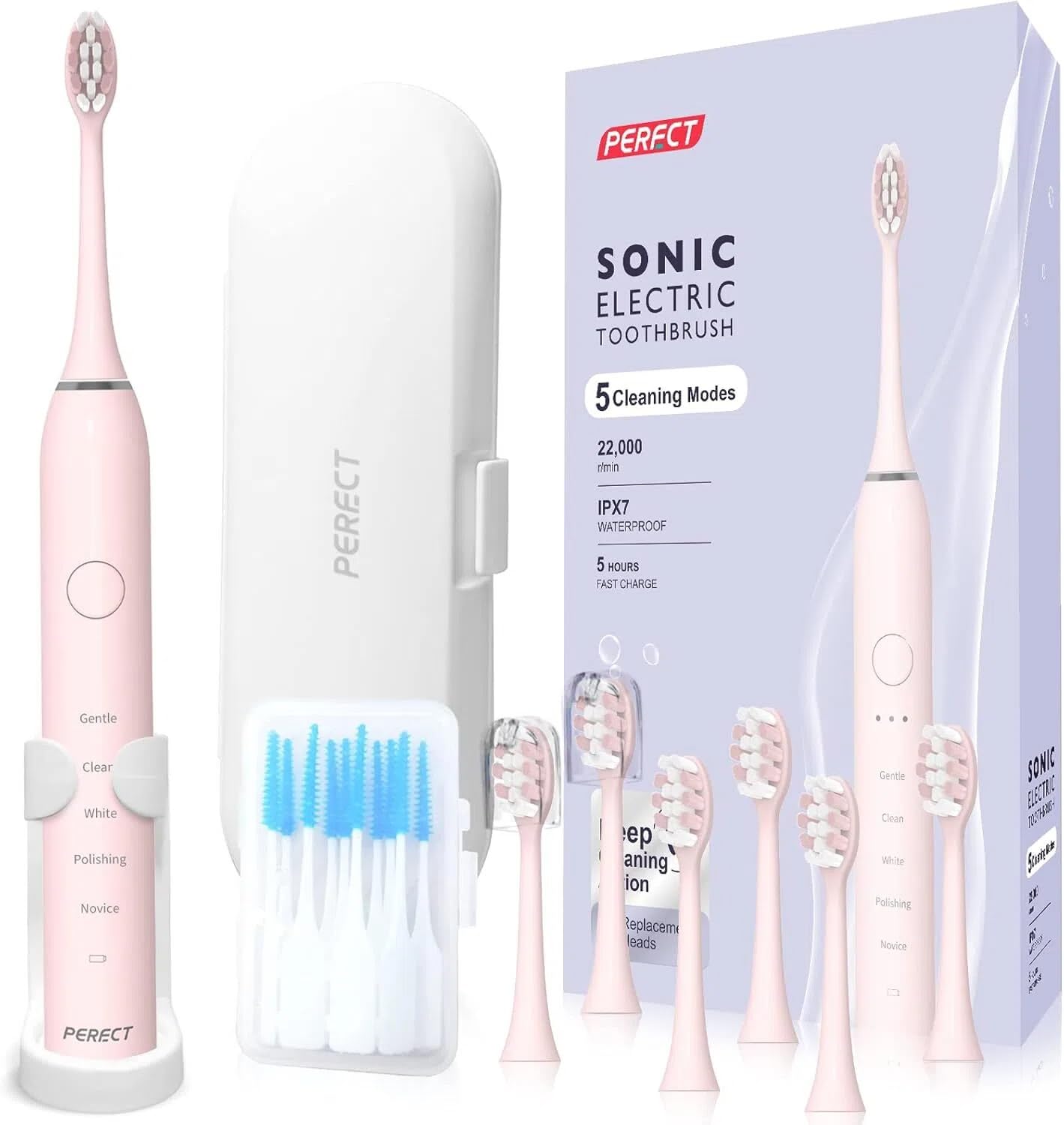 PERECT Sonic Electric Toothbrush Pink with display