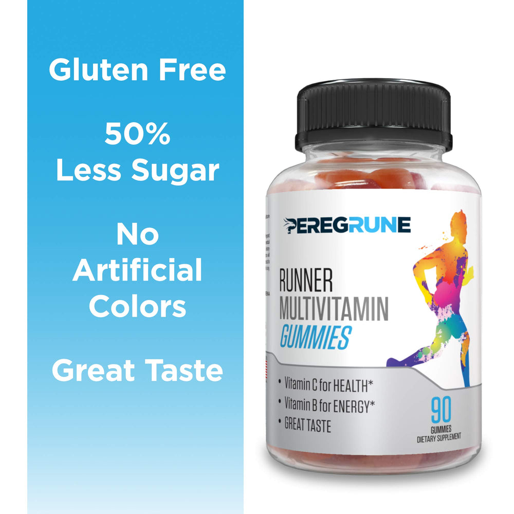 Graphic showing 50% less sugar in PEREGRUNE gummies