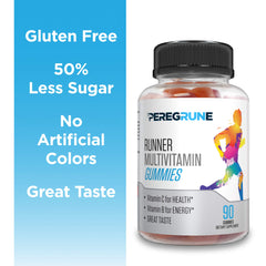 Graphic showing 50% less sugar in PEREGRUNE gummies