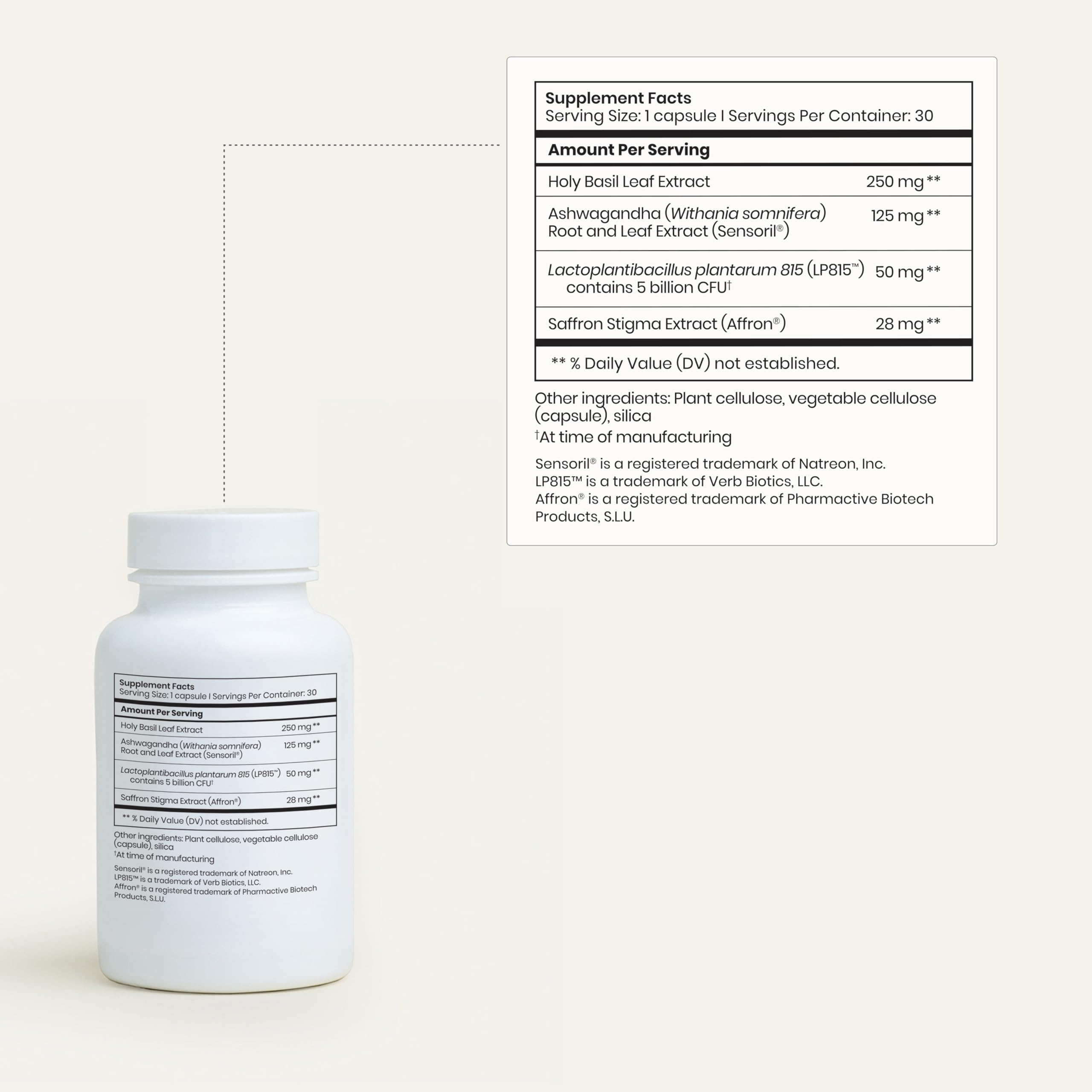 Close-up of ingredients: Ashwagandha, Saffron, Holy Basil and Lactiplantibacillus plantarum Lp815