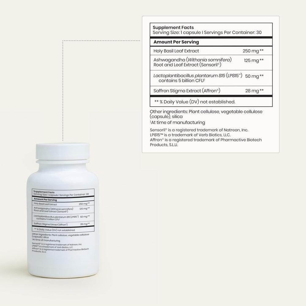 Close-up of ingredients: Ashwagandha, Saffron, Holy Basil and Lactiplantibacillus plantarum Lp815