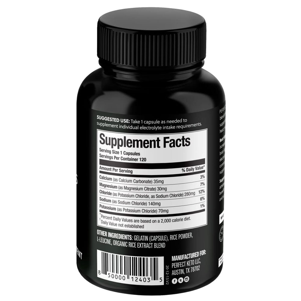 Perfect Keto Electrolytes capsules box and bottle on kitchen counter.