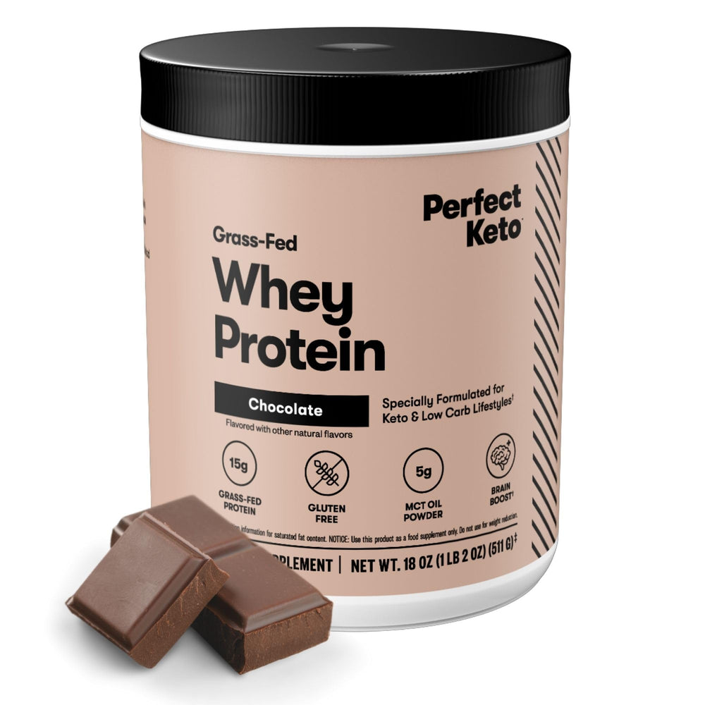 Perfect Keto Pure Whey chocolate bottle highlights keto-friendly nutrition for busy meals.