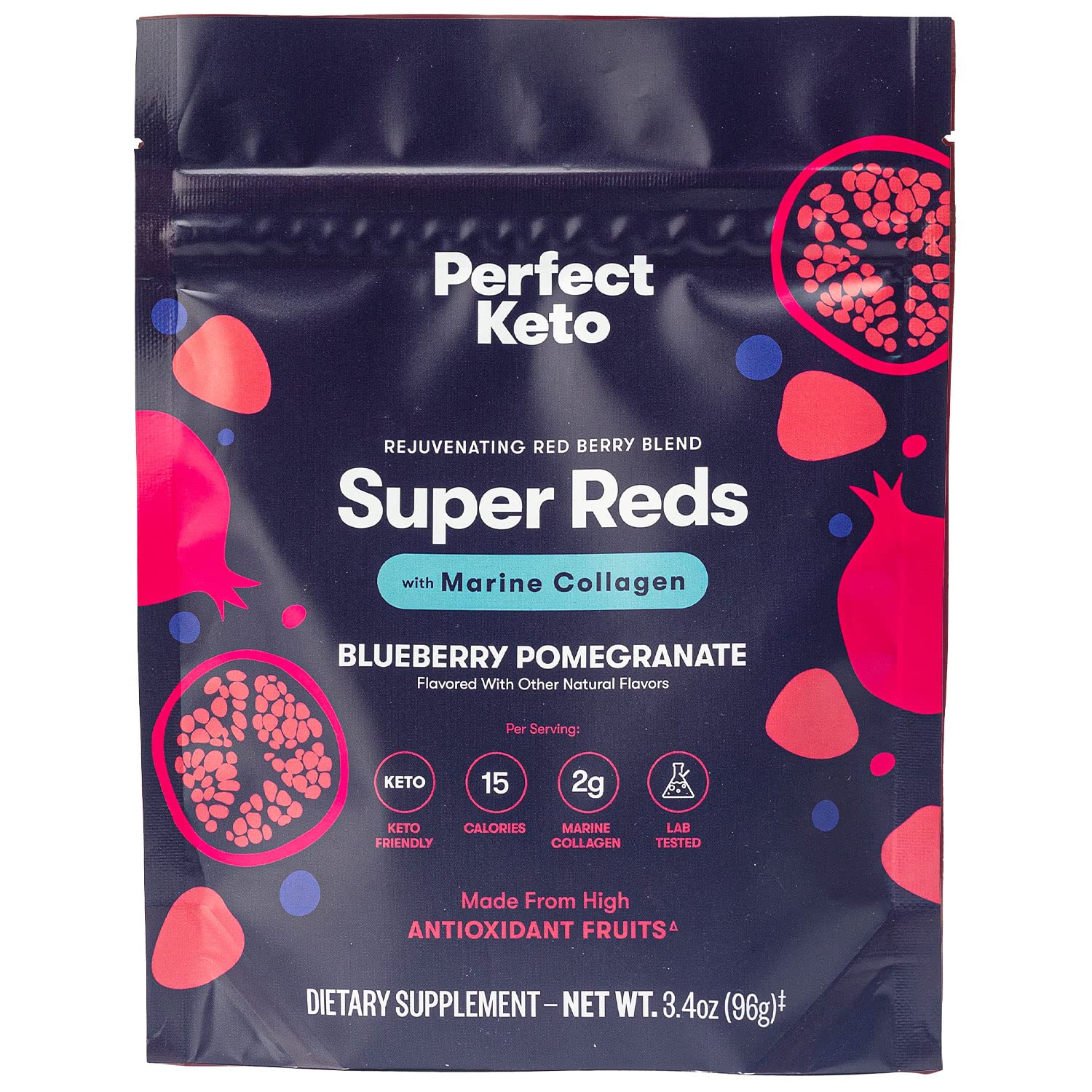 Front label of Perfect Keto Super Reds powder bottle