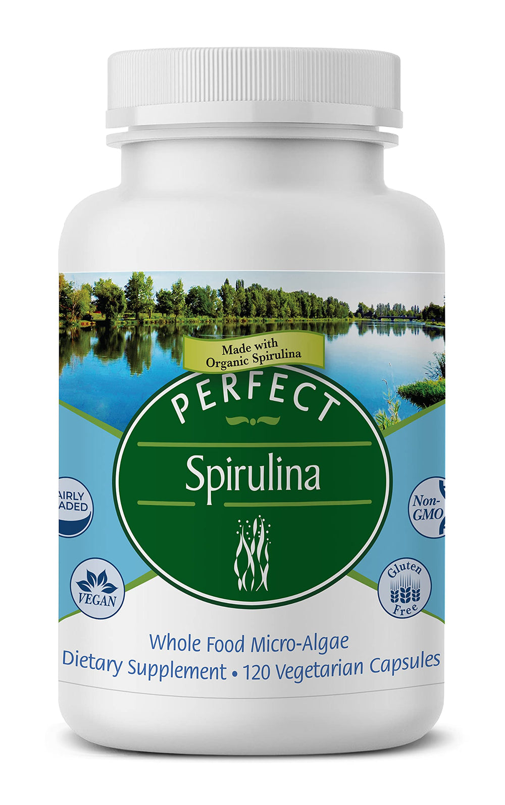 Bottle of Perfect Spirulina 120 vegan capsules