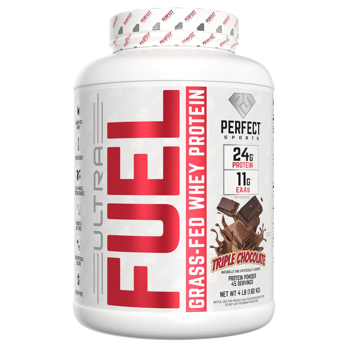 PERFECT SPORTS Ultra Fuel grass-fed whey tub front for clean post-workout protein.