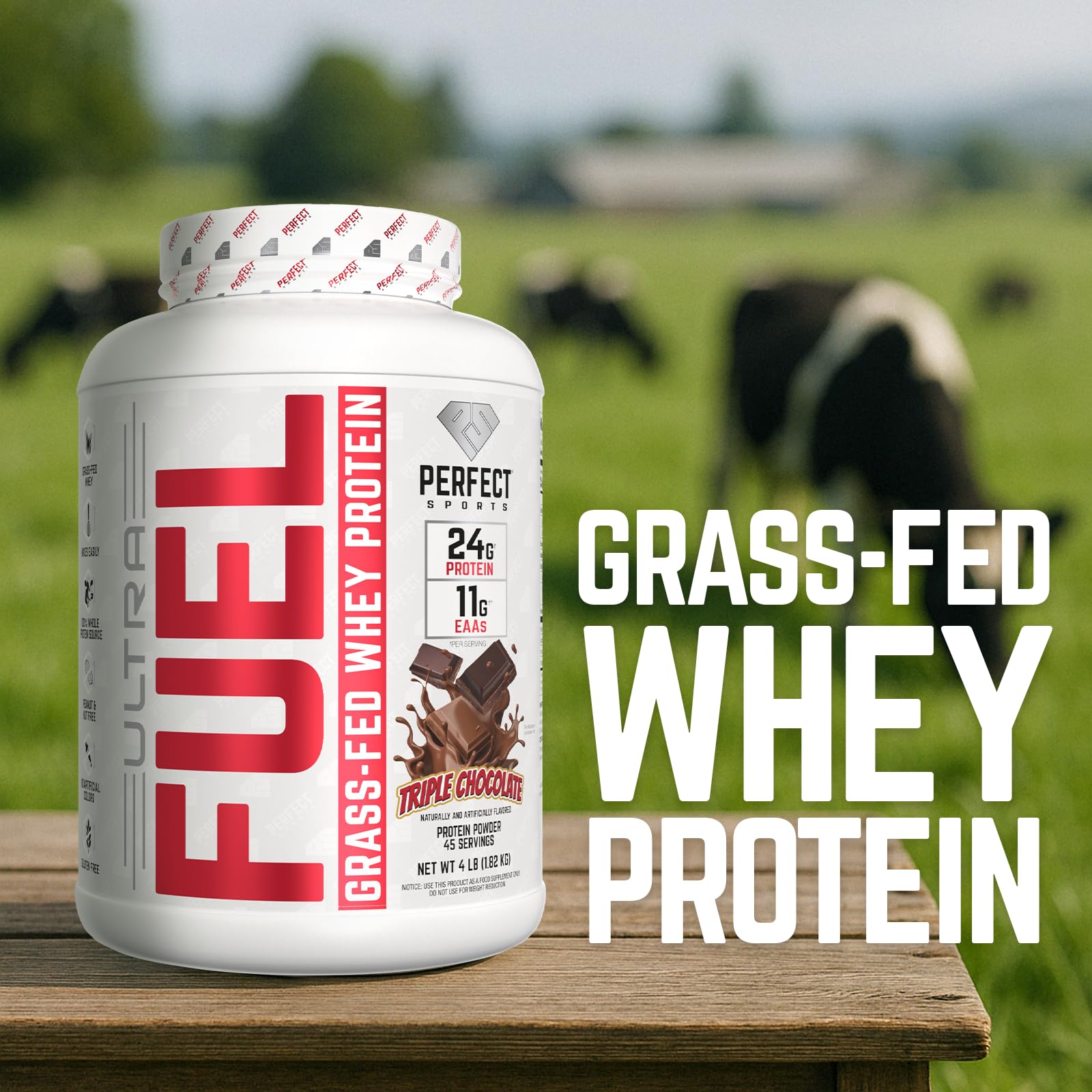 PERFECT SPORTS Ultra Fuel nutrition panel showing 24 g protein and 11 g EAAs.