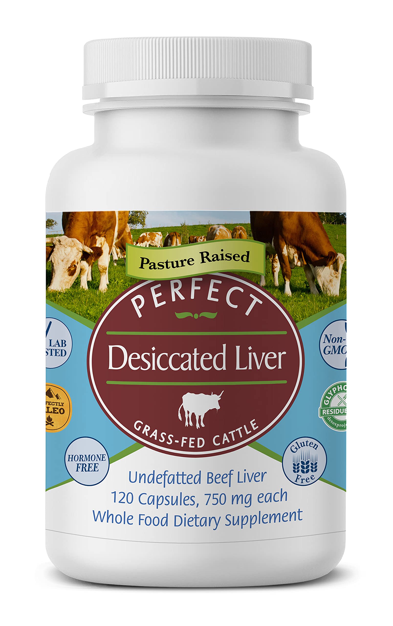 Bottle of Perfect Supplements beef liver capsules on white background