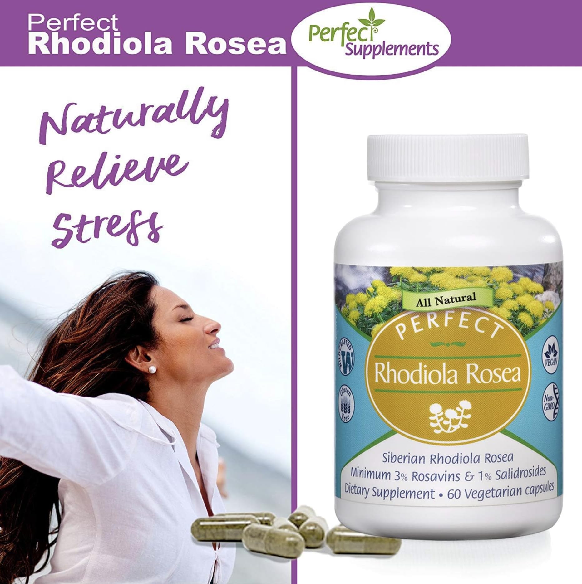Perfect Supplements Rhodiola Rosea purity testing label illustration.