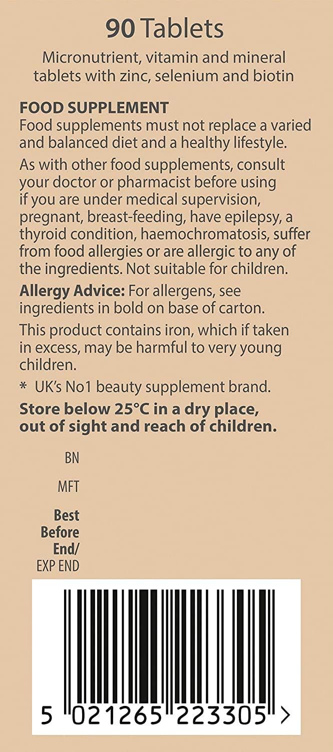 Perfectil Triple Active label with nutrients facts supporting skin and nail vitality.