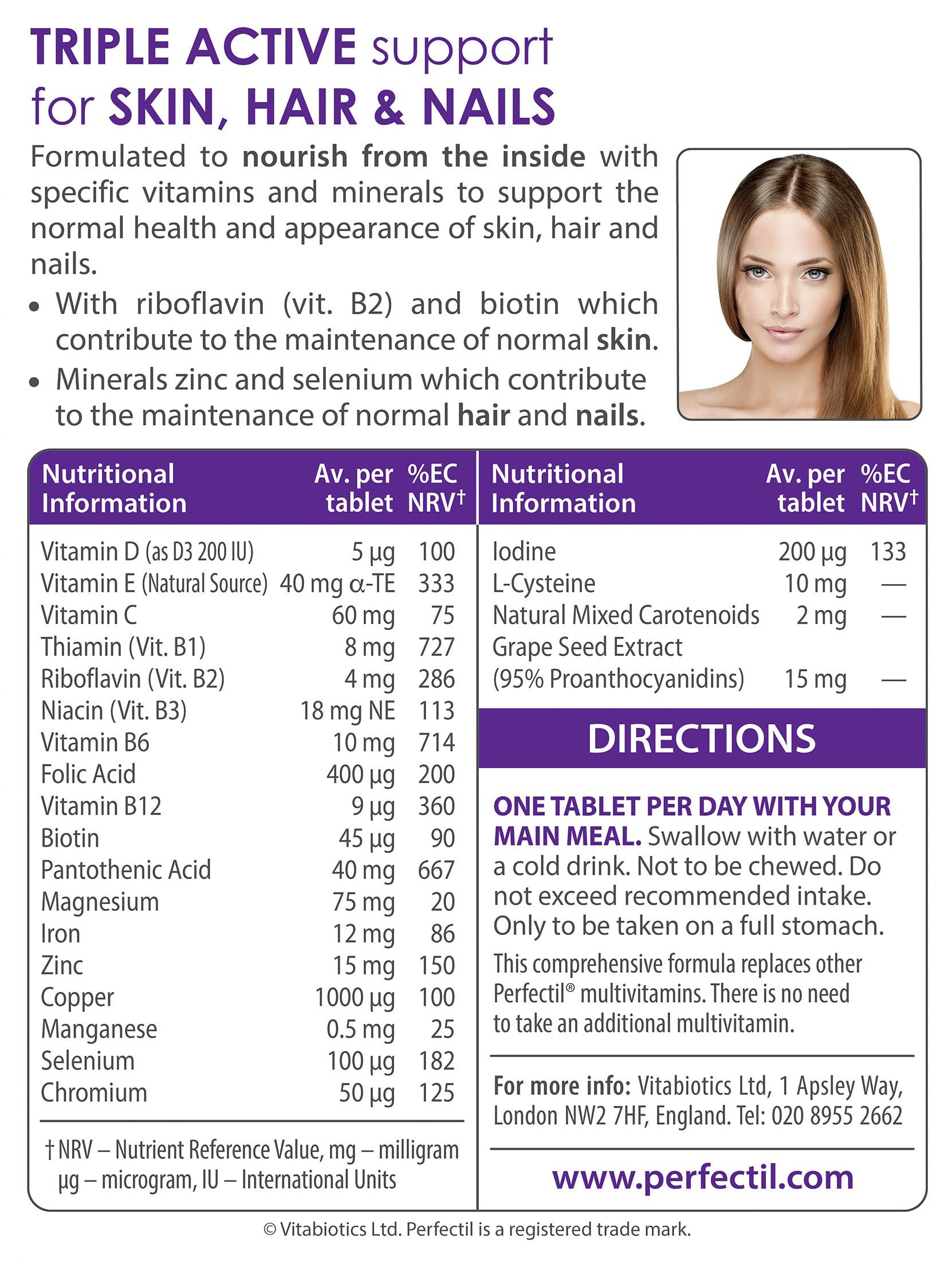 Perfectil Triple Active label with nutrients facts supporting skin and nail vitality.