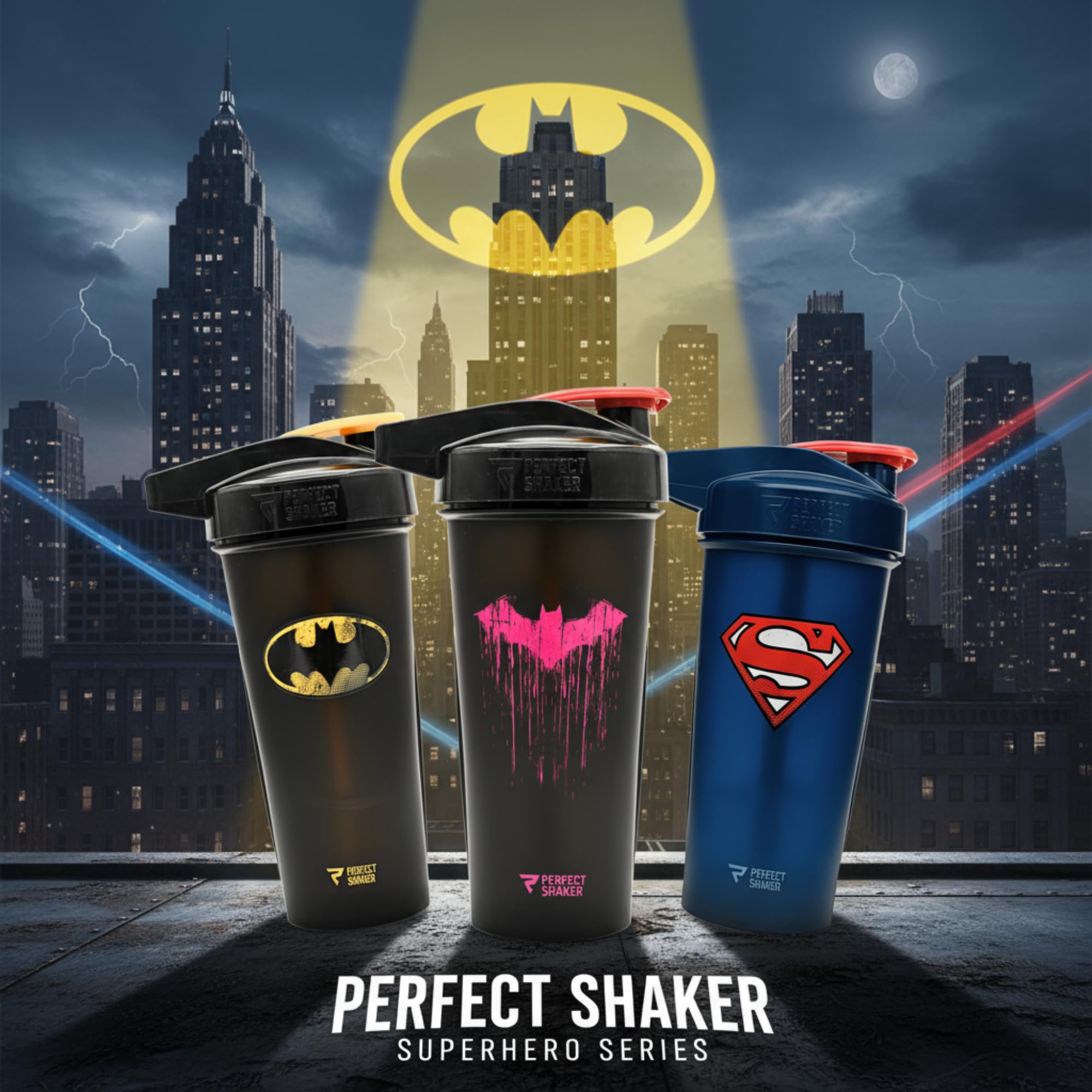 Leak-proof lid with integrated handle on Batman shaker