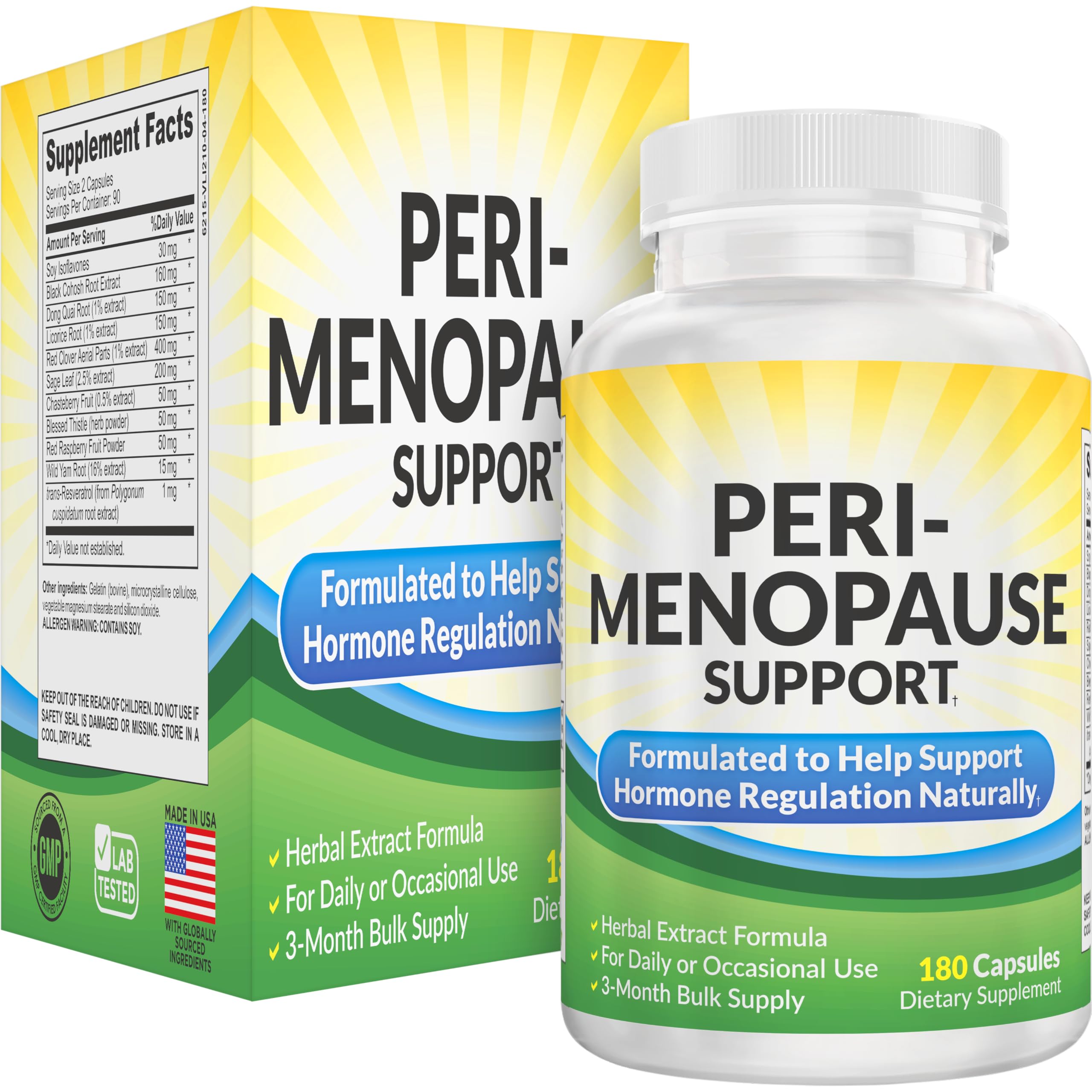 Product bottle of 3-Month PERI-MENOPAUSE supplements with label visible