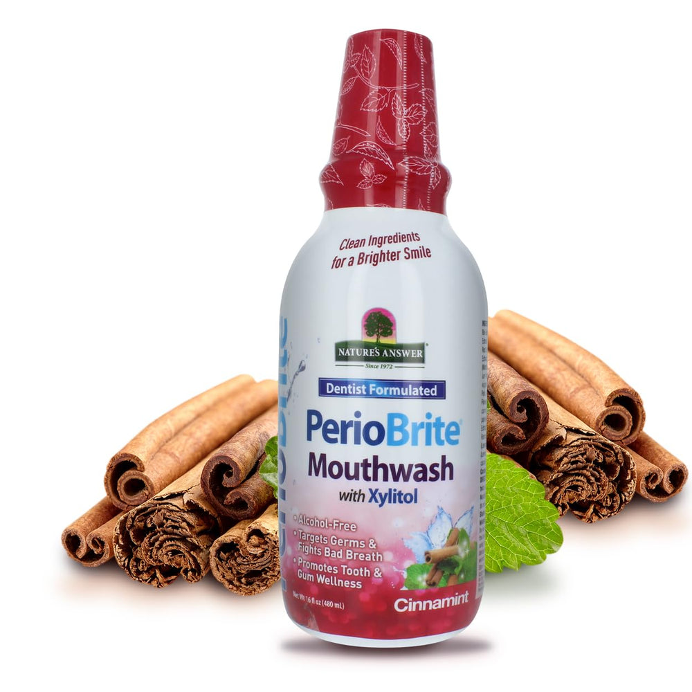 Bottle and label of Nature's Answer PerioBrite Cinnamon Mint Mouthwash