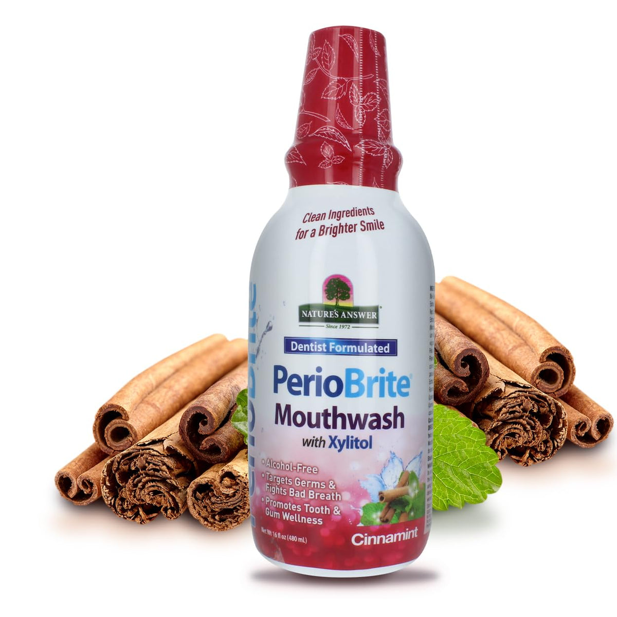 Bottle and label of Nature's Answer PerioBrite Cinnamon Mint Mouthwash