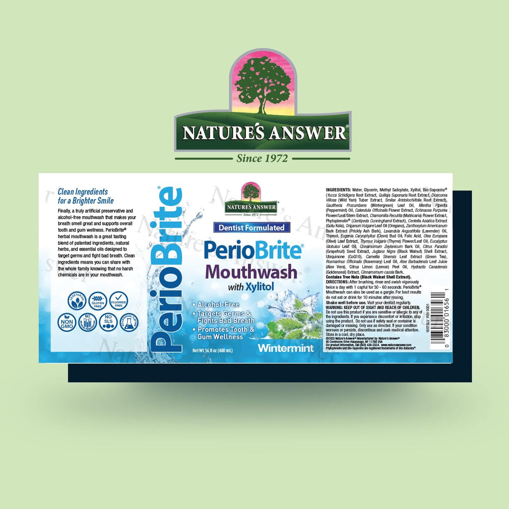 PerioBrite Winter Mint Mouthwash bottle with mint leaves
