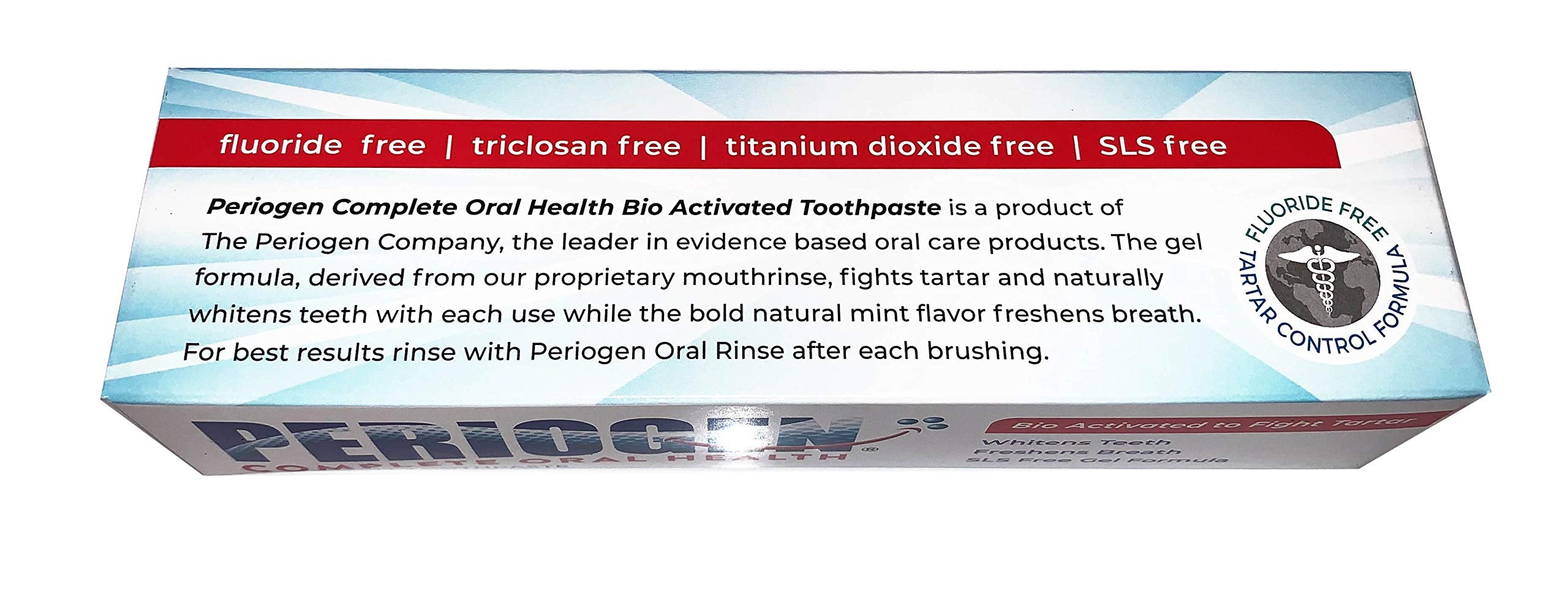 Tartar control label on Periogen Toothpaste packaging