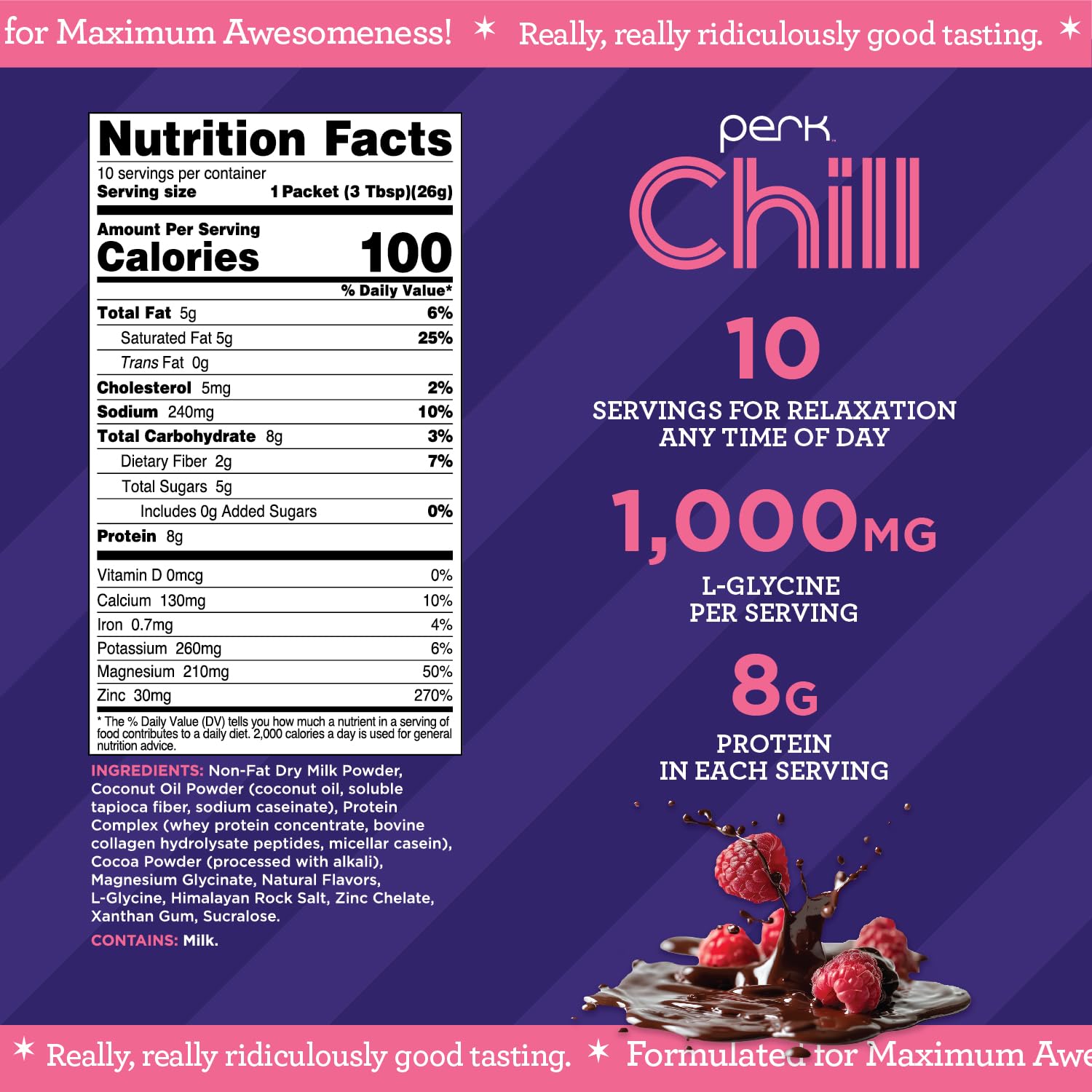 Perk Chill Chocolate Raspberry mix in glass for quick, tasty shake.