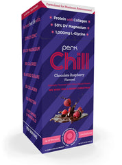 Perk Chill Chocolate Raspberry powder in a packet closeup, protein boost for workouts.