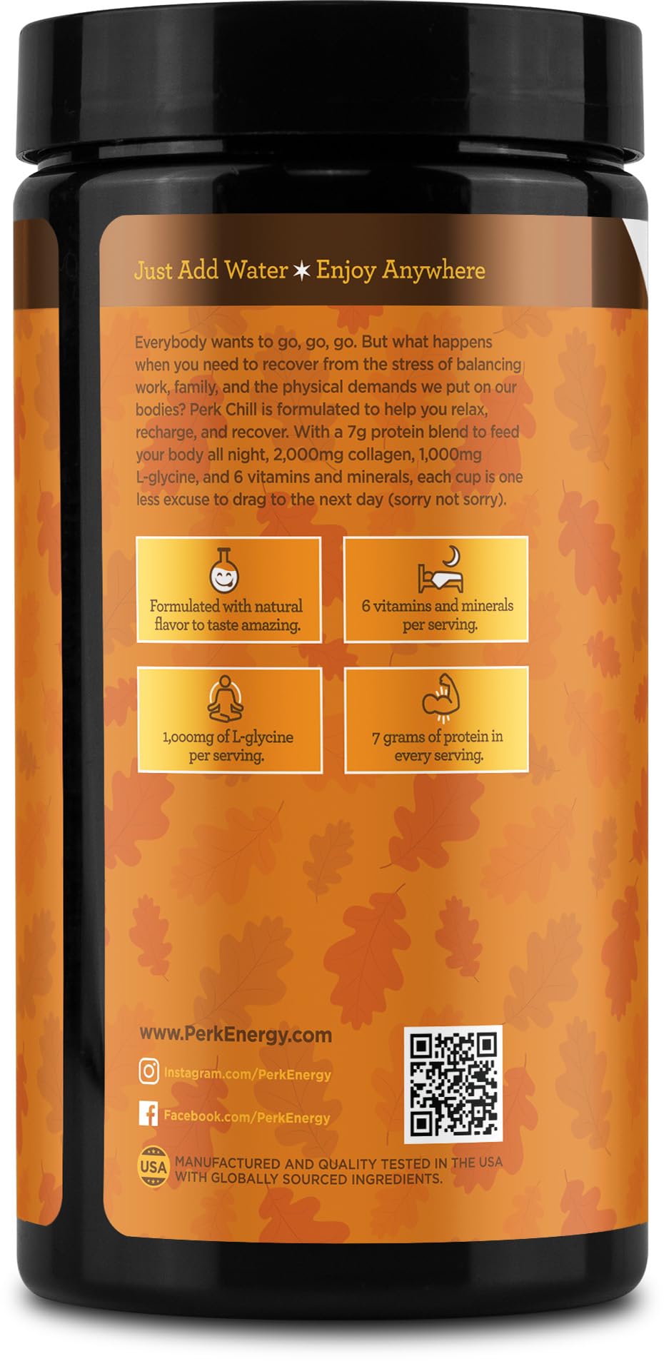 Gluten-free, soy-free, and peanut-free packaging of Perk Chill