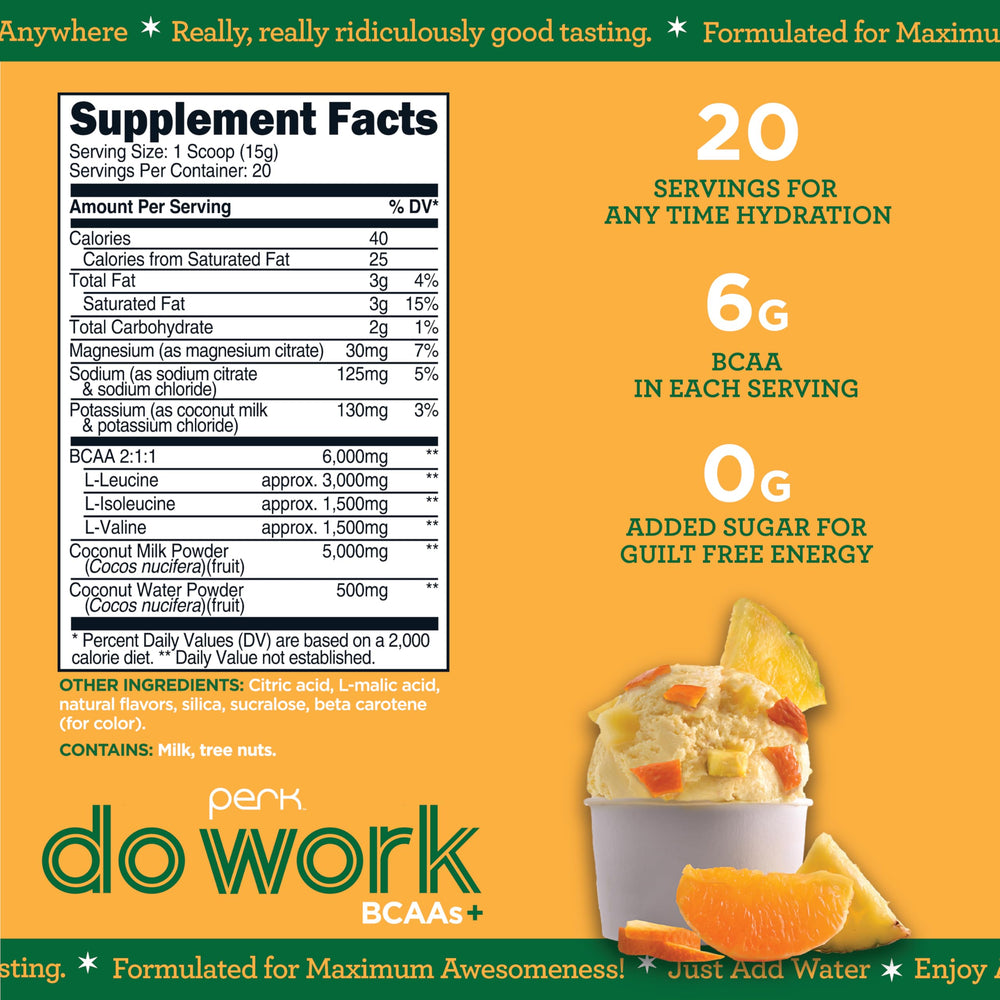 Perk Do Work BCAAs packaging Tropical Vanilla Creme flavor