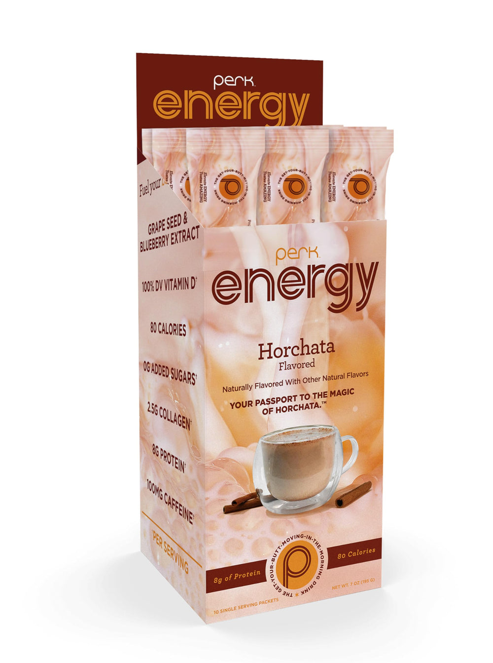 Nutrition panel showing 8g protein and 100mg caffeine per serving