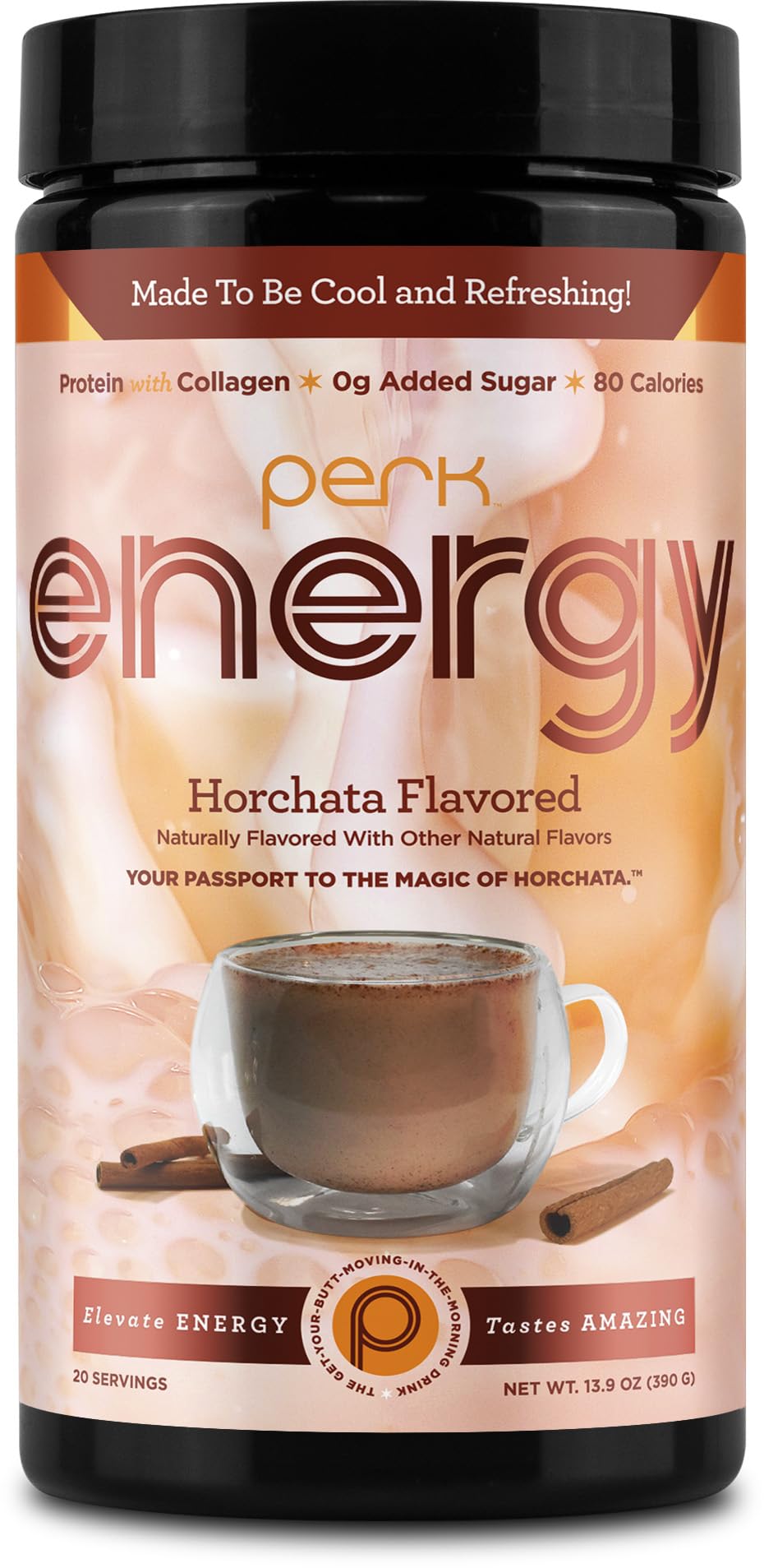 Perk Energy Original Horchata powder scoop in glass for a flavorful energy lift.