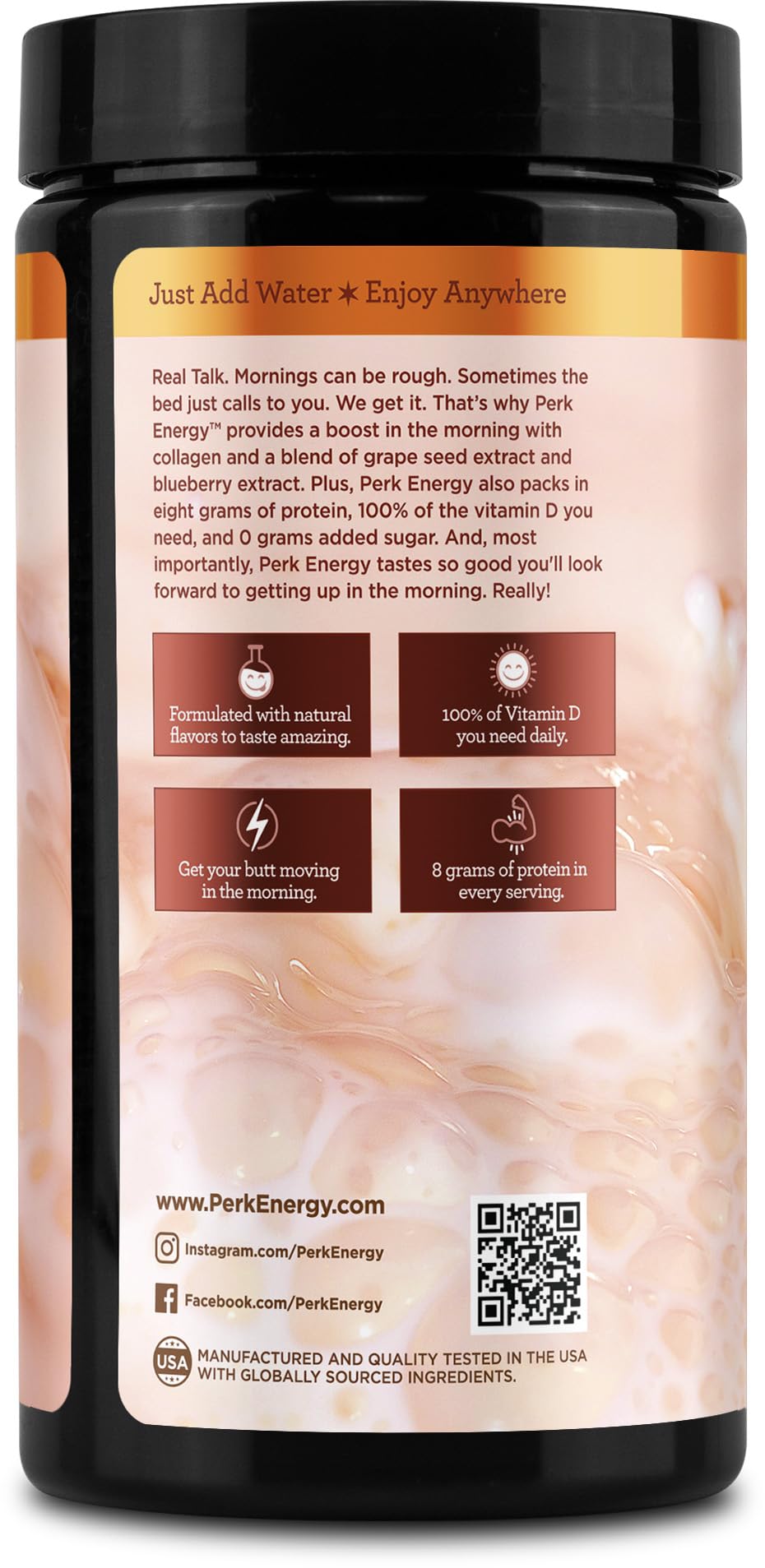 Perk Energy Original Horchata serve in tall glass emphasizes on-the-go energy.