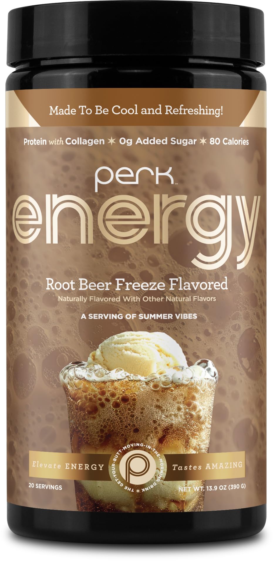 Perk Energy Root Beer Freeze protein powder tub with label