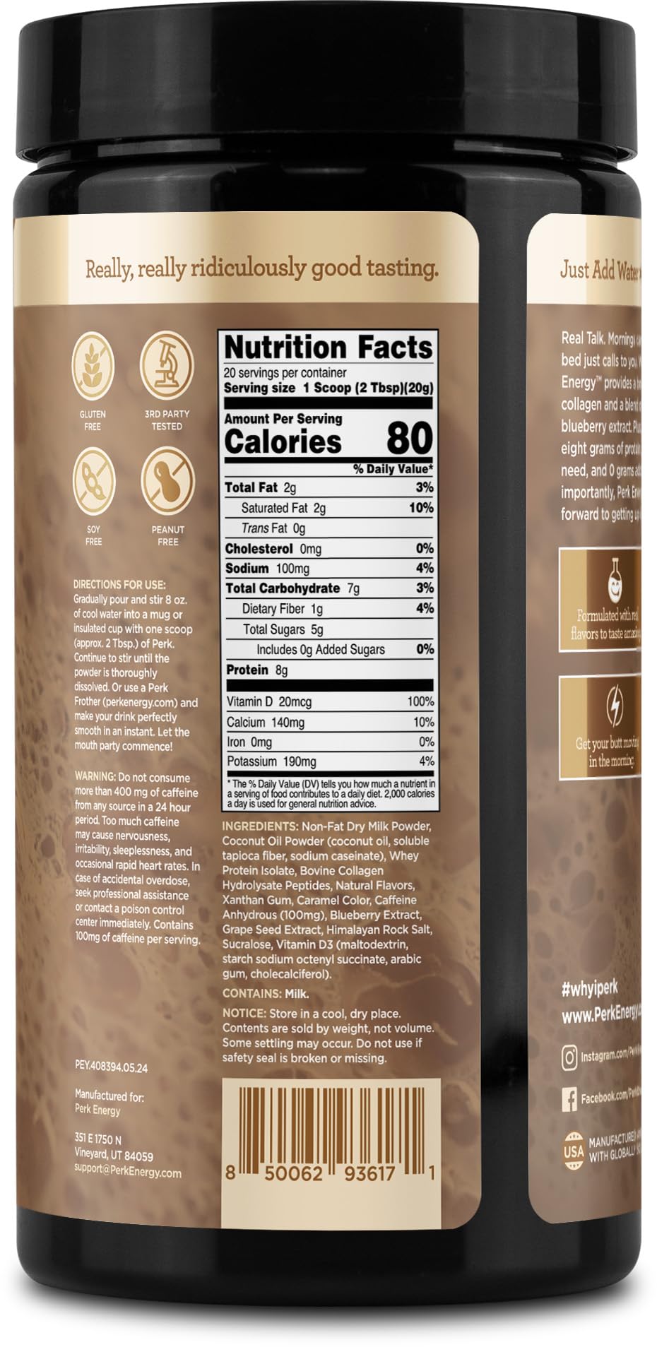 Gluten Free, Soy Free and Peanut Free badges on packaging